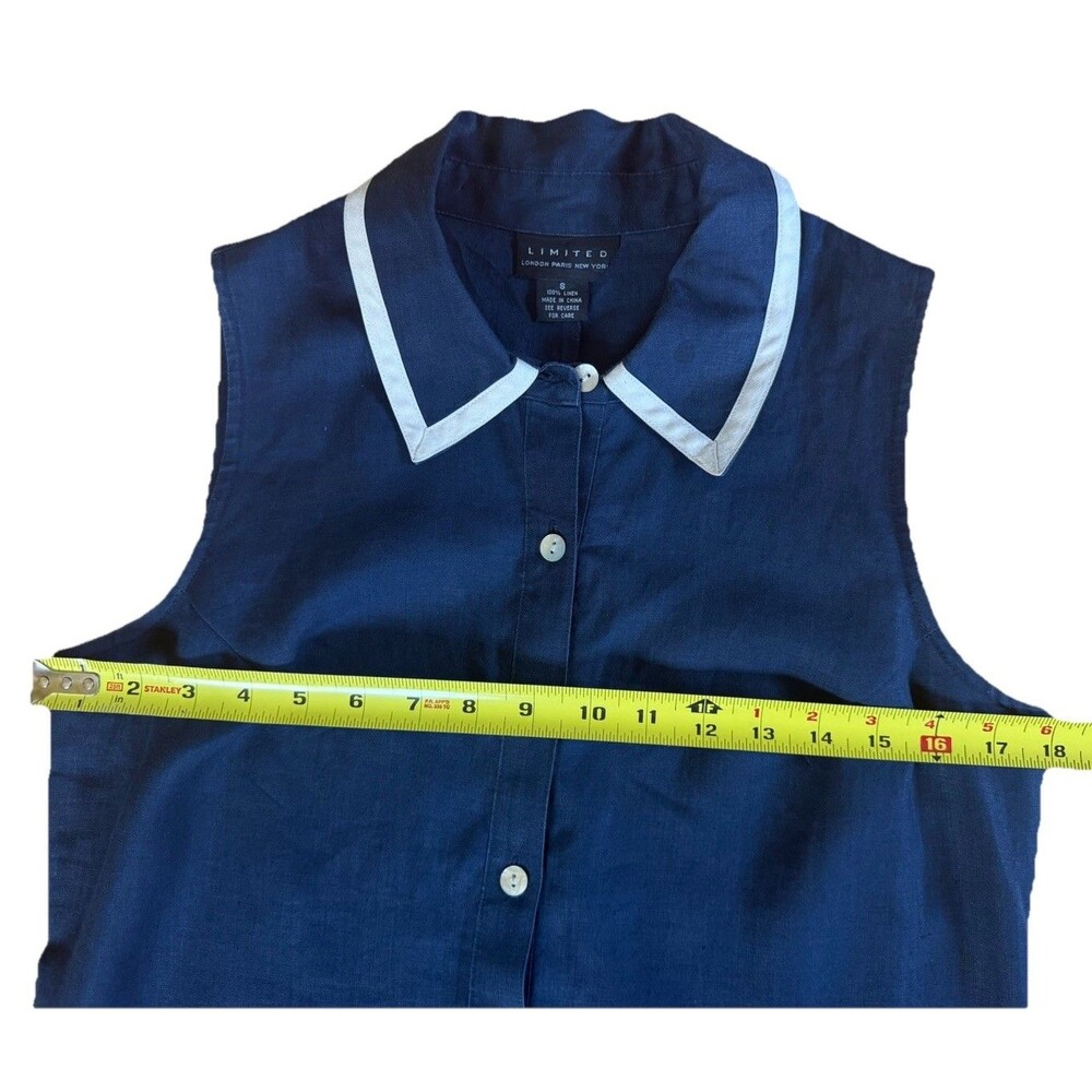 Limited 100% Linen Sleeveless Shirt Dress Navy Blue Small Collared Midi Button - Picture 6 of 8